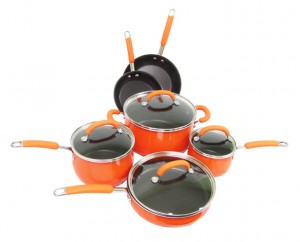Rachael Ray 10-Piece Porcelain Enamel Cookware Set Nonstick Pans Pots Orange